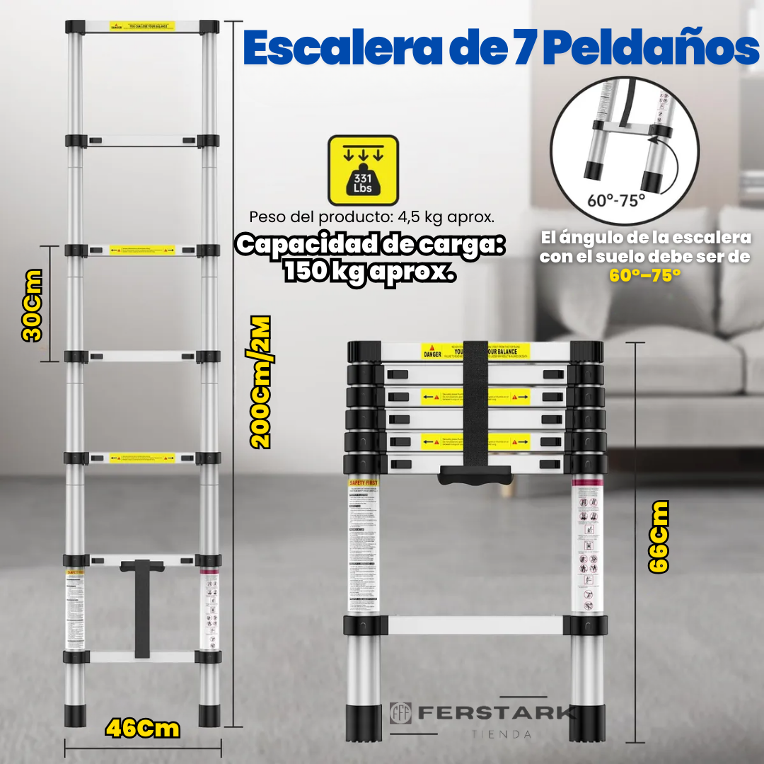 Escalera Telescópica De Aluminio 2 Metros Antideslizante
