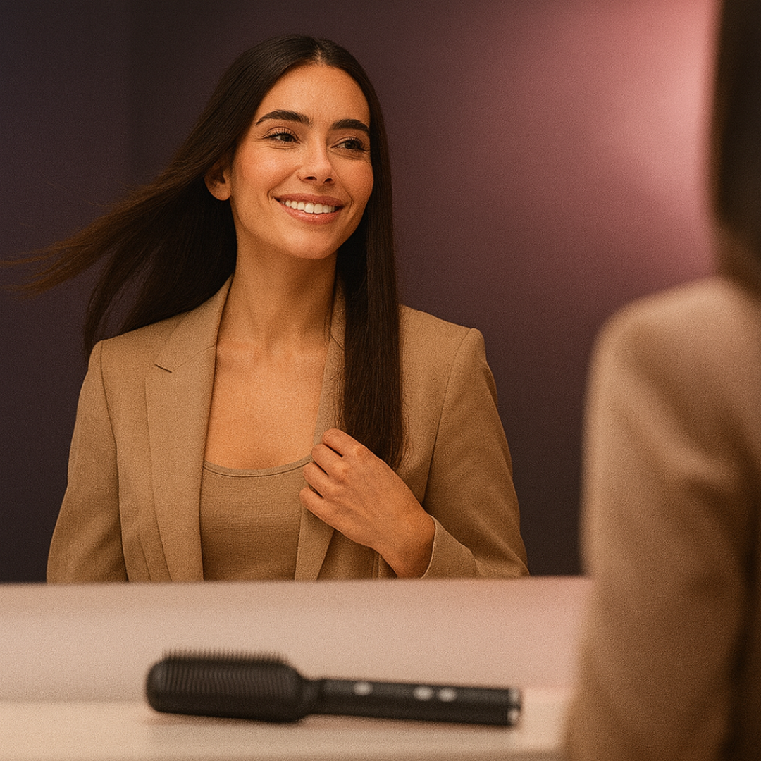 Cepillo 2 en 1 Plancha/Secador-Cabello liso, brillo inmediato