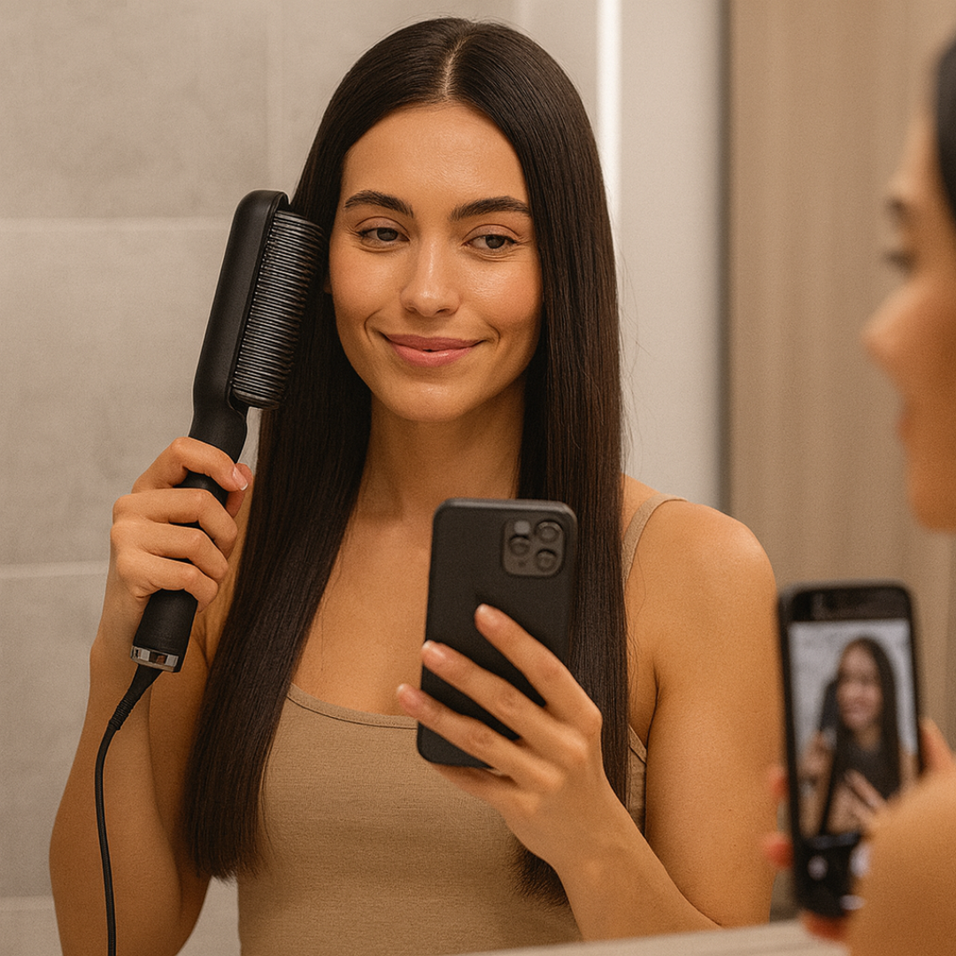 Cepillo 2 en 1 Plancha/Secador-Cabello liso, brillo inmediato