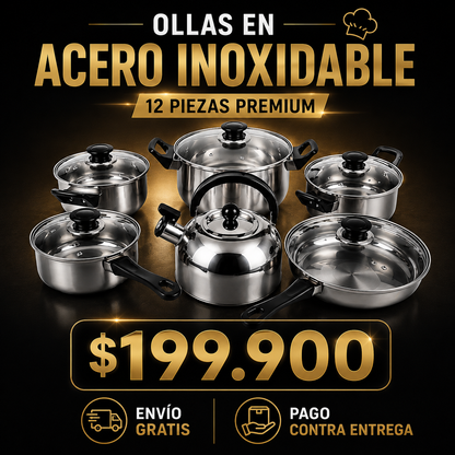 Set Ollas Acero Inoxidable 12 Piezas Premium🔥